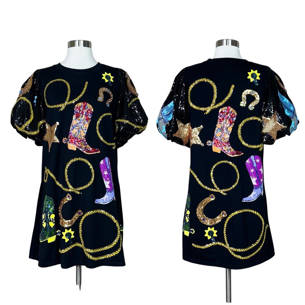 Queen of Sparkles | Cowgirl Western Rodeo Black Sequin Puff Sleeve Mini Dress L - Picture 12 of 12